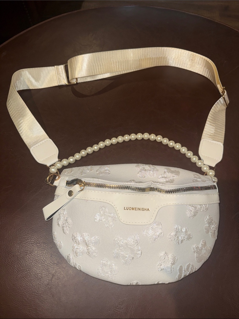 Pearl-Handle Cream Crossbody Belt Bag